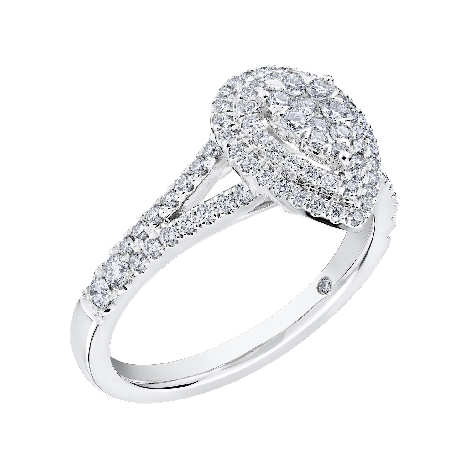 Eternal Fire&trade; 14kw White Gold Pear-Shape Cluster Wide Double Halo Split Shank Diamond 0.60 Ctw