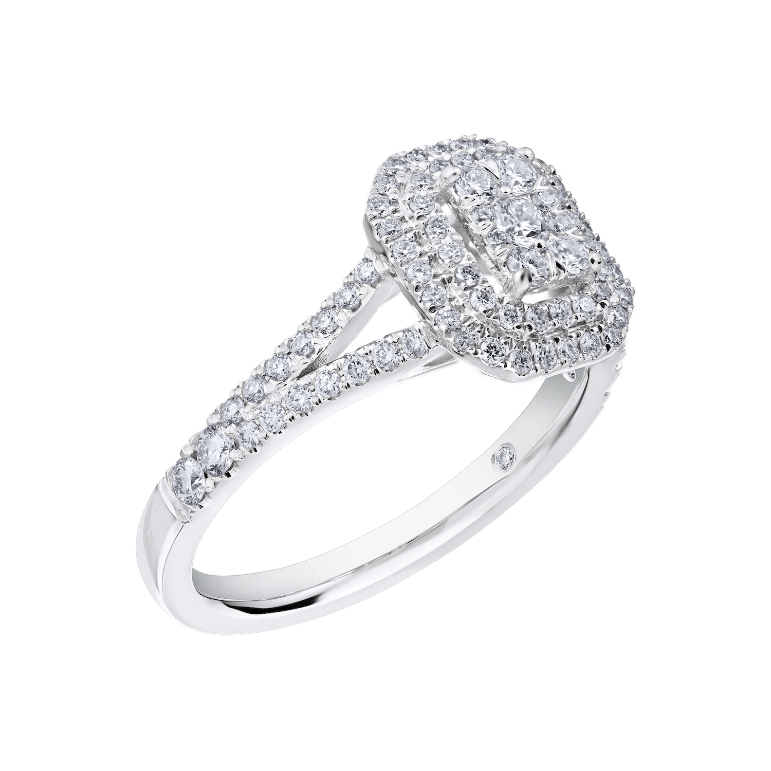 Eternal Fire&trade; 14kw White Gold Emerald Shape Cluster Wide Double Halo Split Shank Diamond 0.60 Ctw