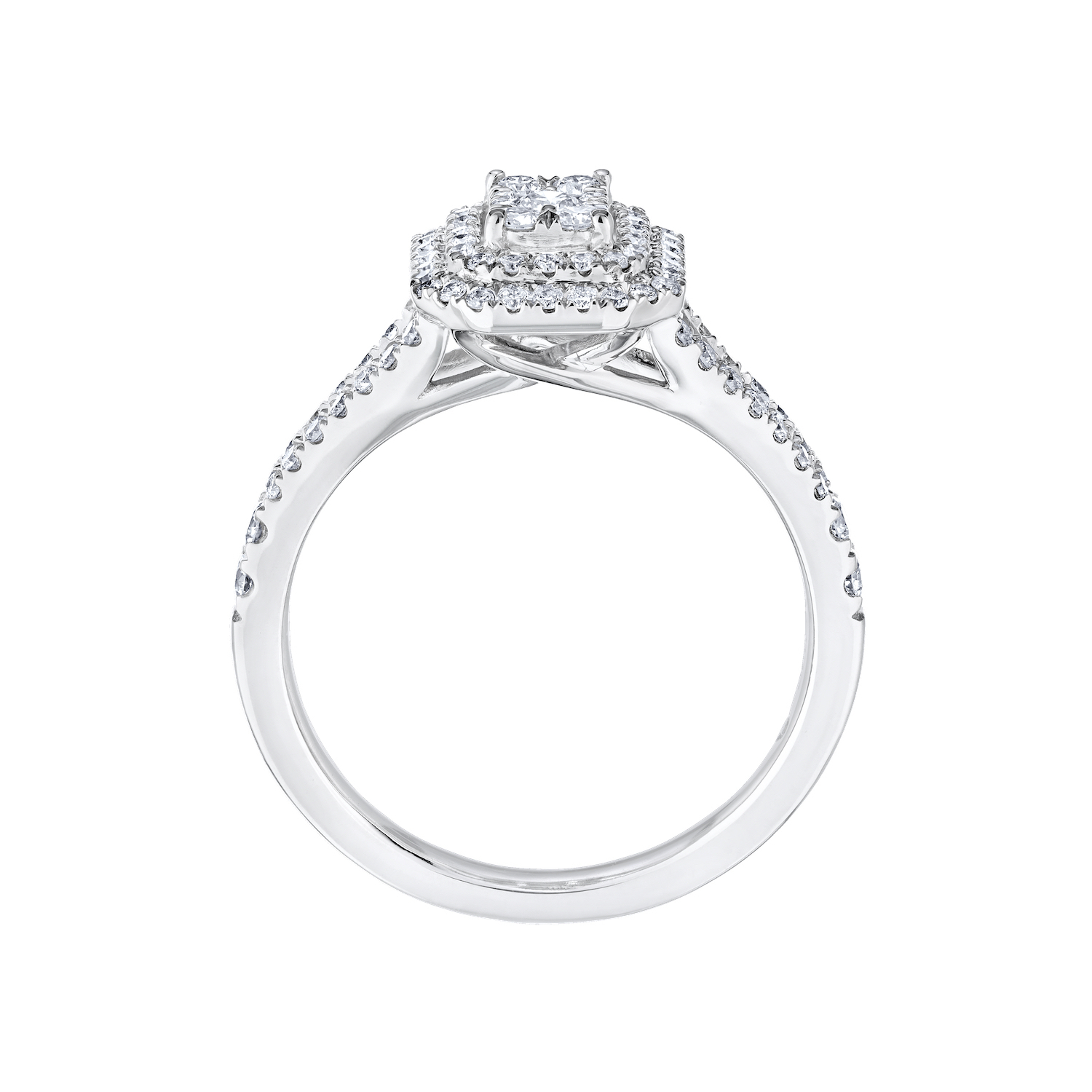 Eternal Fire&trade; 14kw White Gold Emerald Shape Cluster Wide Double Halo Split Shank Diamond 0.60 Ctw