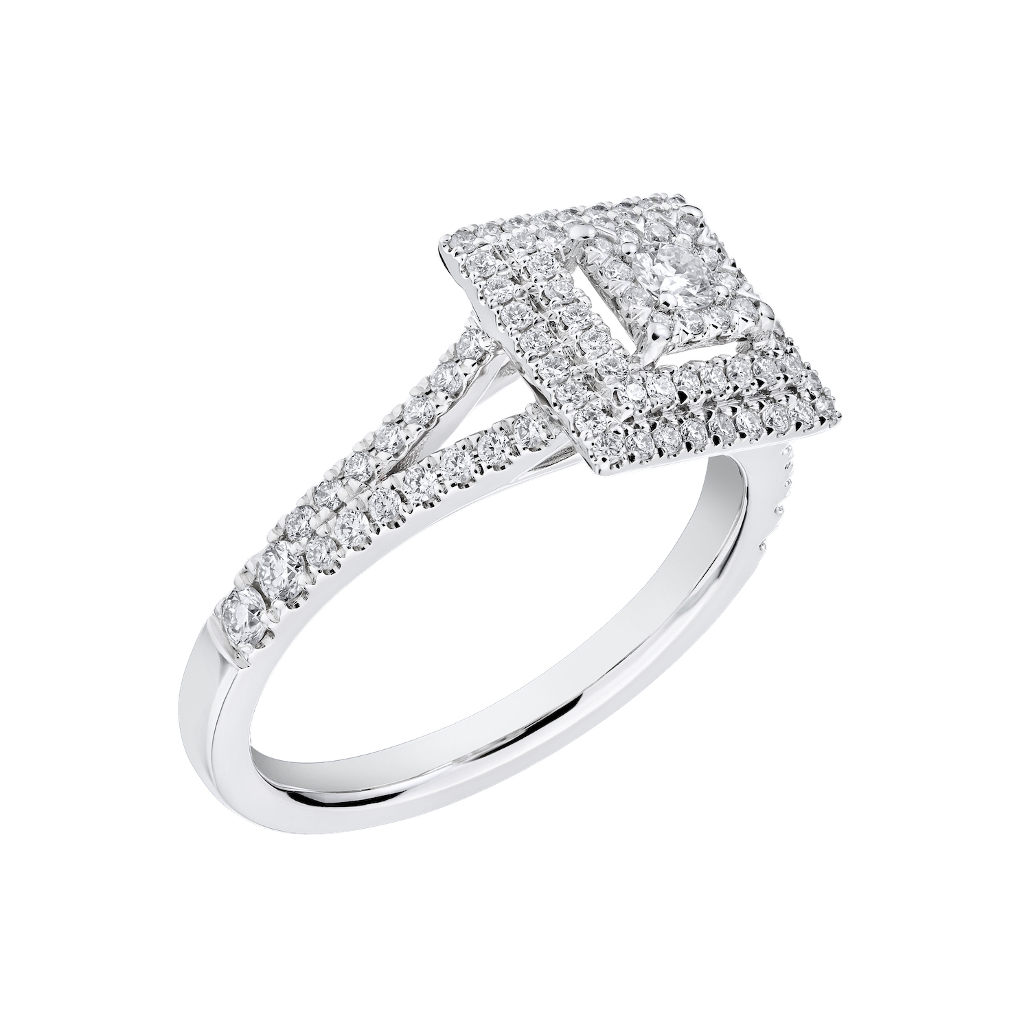 Eternal Fire&trade; 14kw White Gold Square Shape Cluster Wide Double Halo Split Shank Diamond 0.60 Ctw