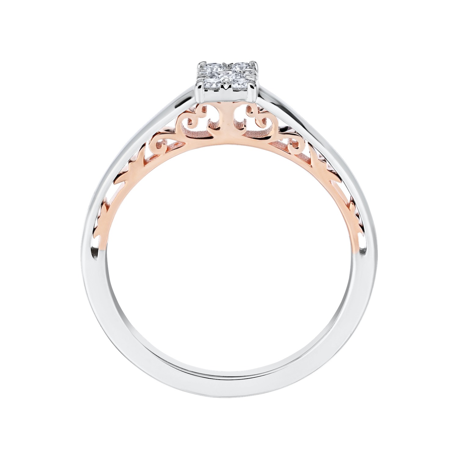 Eternal Fire&trade; 14k Two Tone Gold Emerald Shape Cluster with Wide Plain Shank Diamond 0.20 Ctw