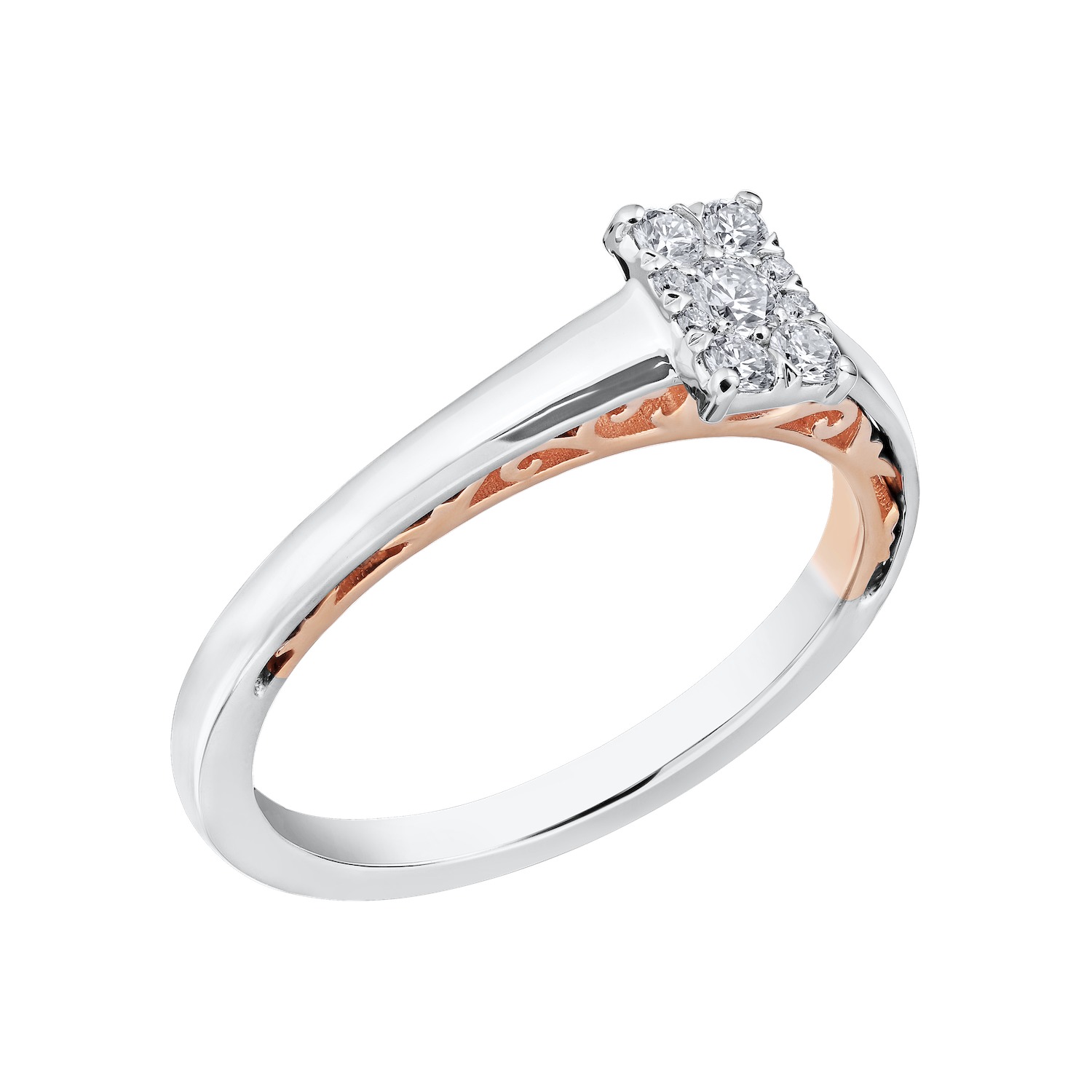 Eternal Fire&trade; 14k Two Tone Gold Emerald Shape Cluster with Wide Plain Shank Diamond 0.20 Ctw