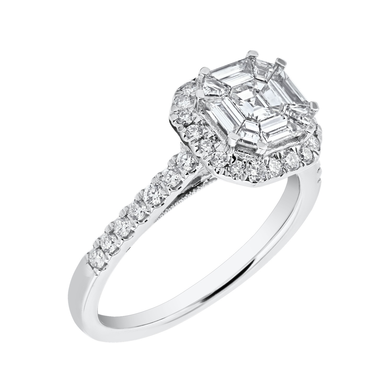 Compozit&trade; 14KW White Gold Asscher Shape Halo With Diamond Shoulders Ring Diamond 0.75 Ctw Cutting Edge Technology
