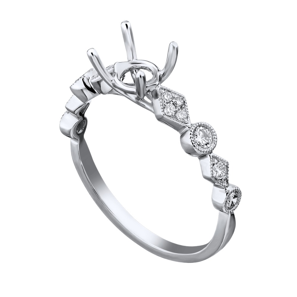 14KW White Gold Diamond Semi-Mount 4 Prong Center Geometric Shape Settings on Band 0.20 Ctw Engagement Ring