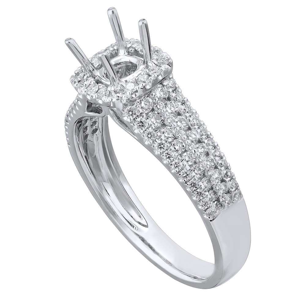 14KW White Gold Diamond Semi-Mount Cushion Shaped Halo with Multi Row Prong Set Band 0.60 Ctw Engagement Ring