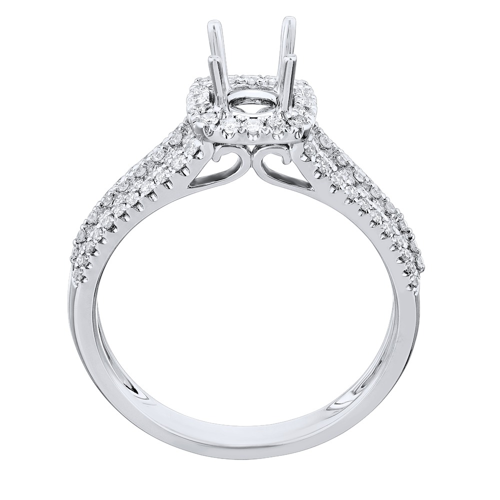 14KW White Gold Diamond Semi-Mount Cushion Shaped Halo with Multi Row Prong Set Band 0.60 Ctw Engagement Ring