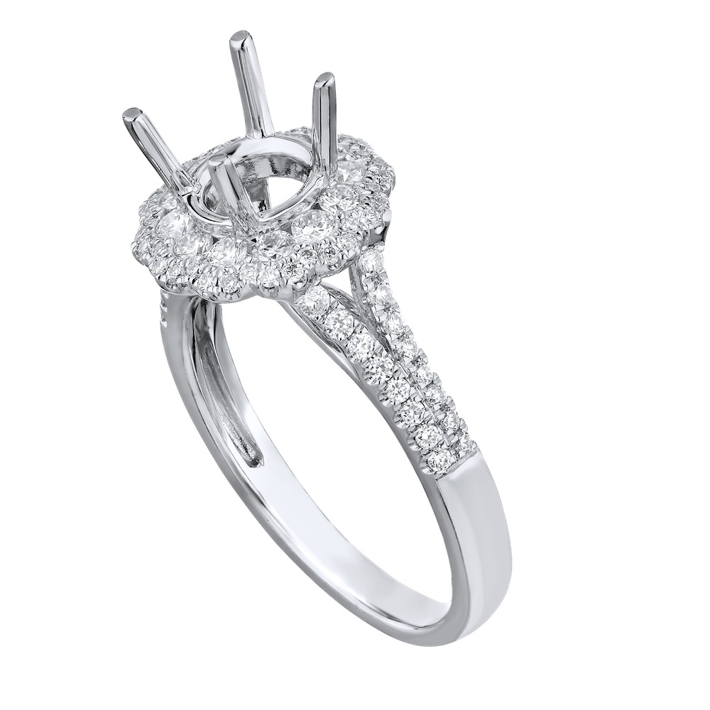 14KW White Gold Diamond Semi-Mount Flower Shaped Halo with Split Shank 0.60 Ctw Engagement Ring