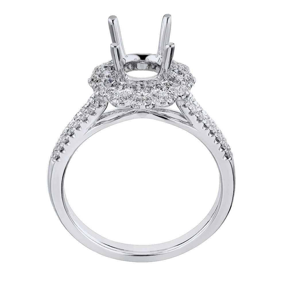 14KW White Gold Diamond Semi-Mount Flower Shaped Halo with Split Shank 0.60 Ctw Engagement Ring