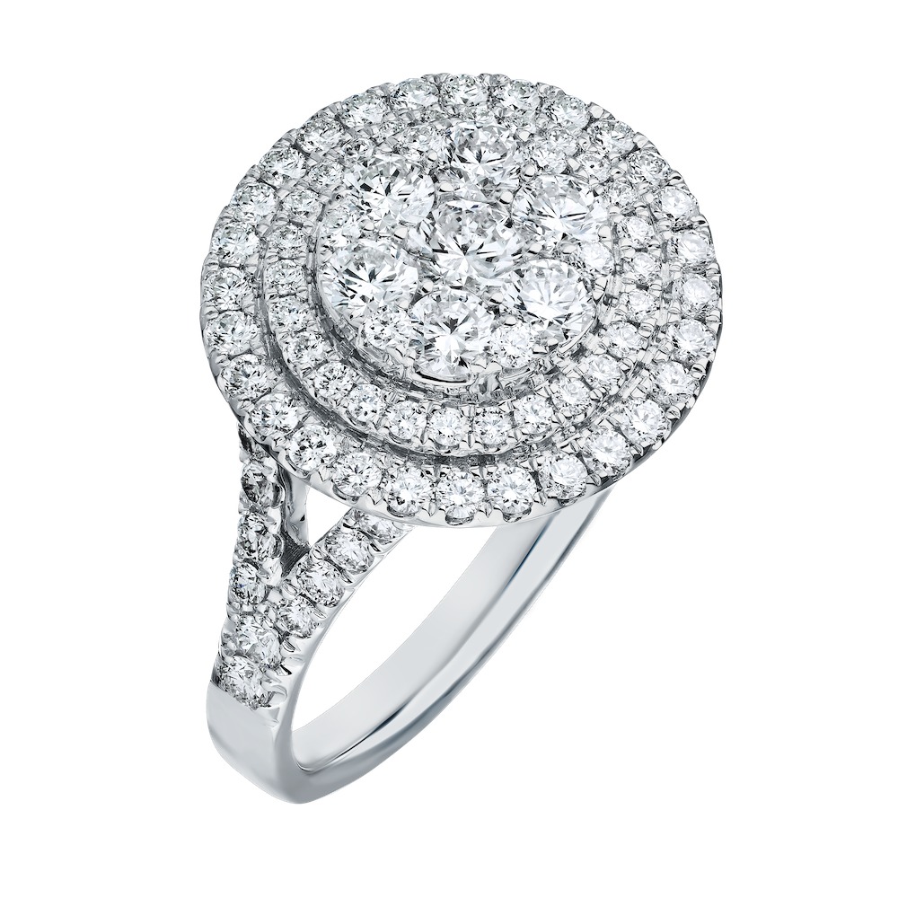 Eternal Fire&trade; 14kw White Gold Round Shape Cluster Center Double Halo Split Shank Diamond 1.50 Ctw