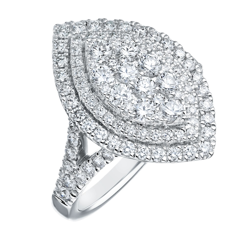 Eternal Fire&trade; 14kw White Gold Marquise Shape Cluster Center with Double Halo Split Shank Diamond 1.50 Ctw