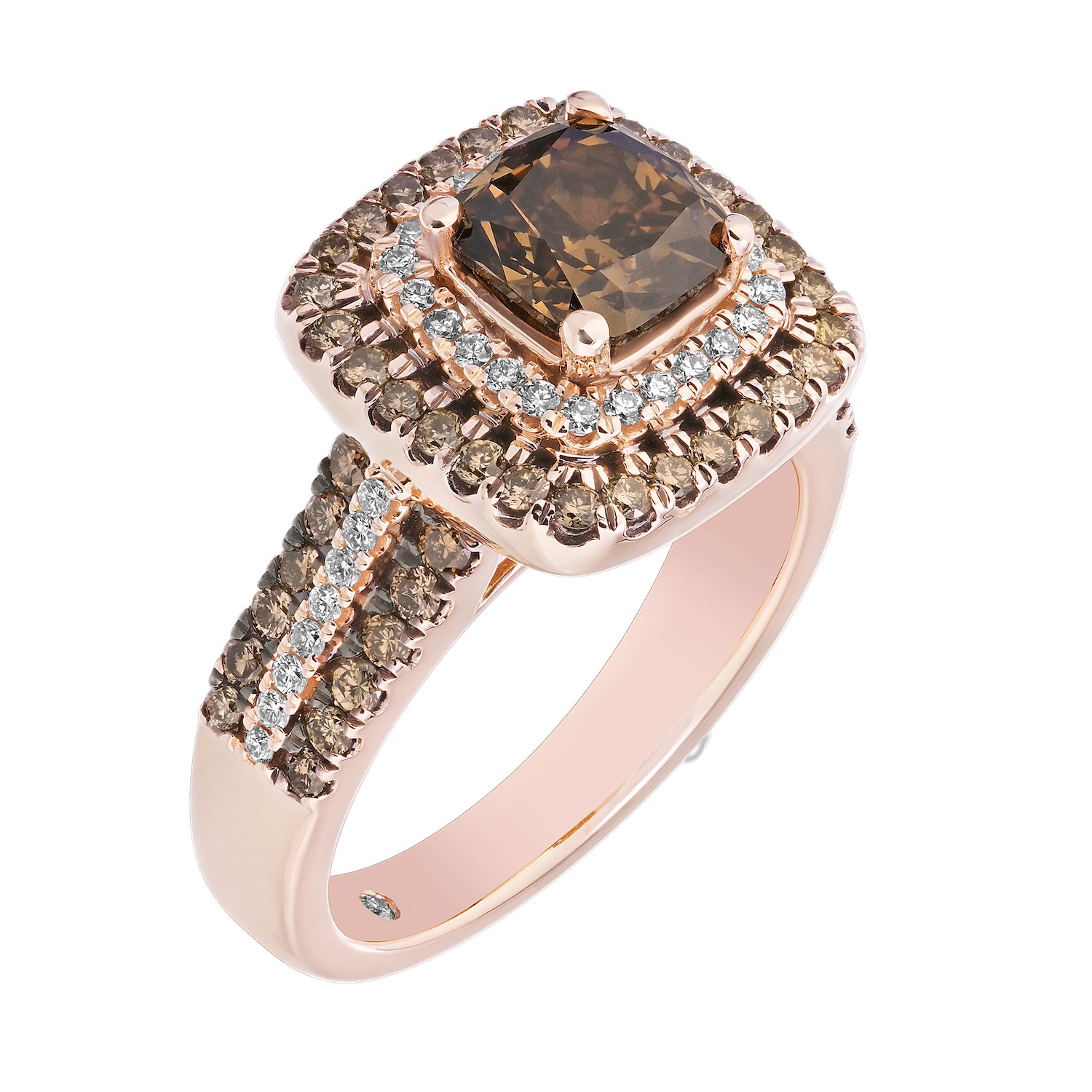 Cinnamon Dulce&trade; 14K Rose Gold Cushion Cognac Center White & Cognac Double Halo 3 Row Shoulders Diamond & Cognac 1.76 Ctw