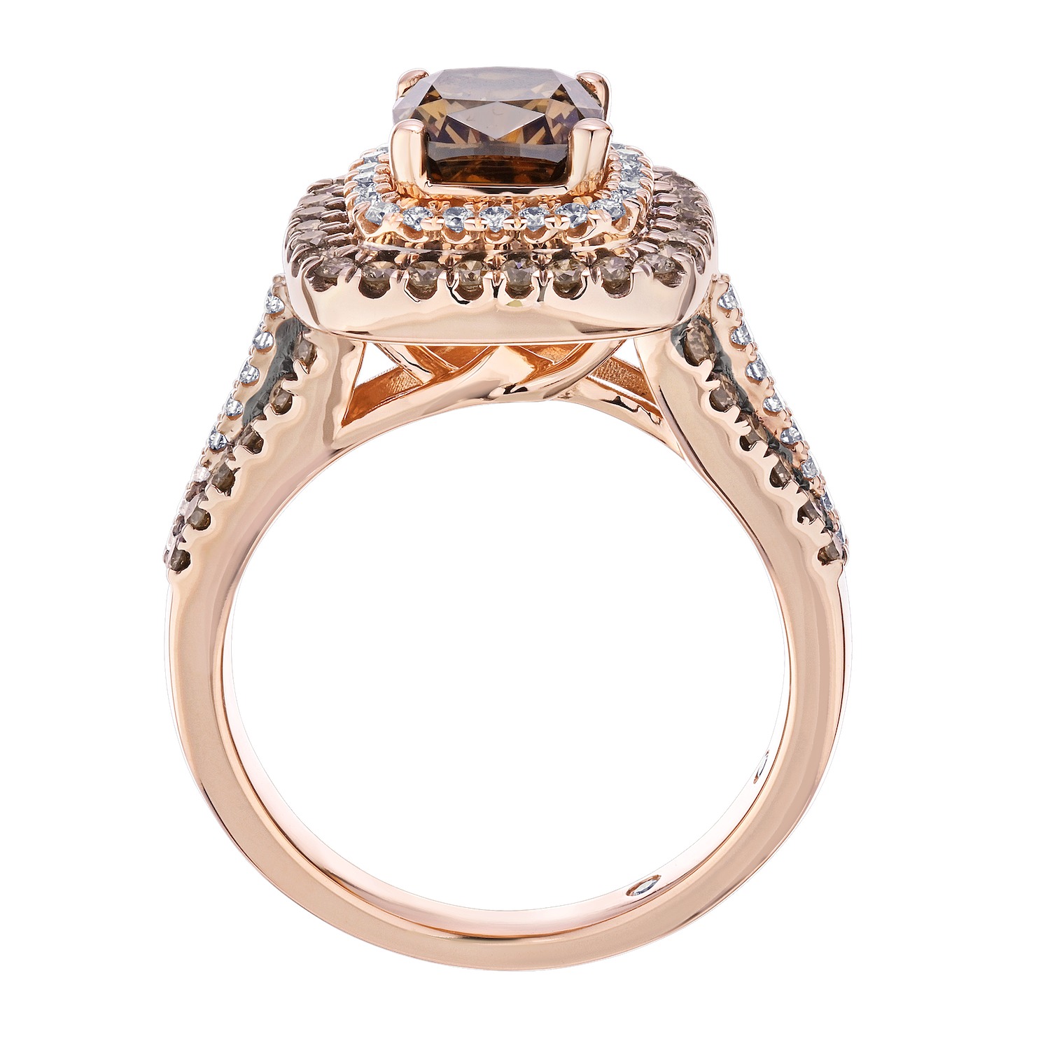 Cinnamon Dulce&trade; 14K Rose Gold Cushion Cognac Center White & Cognac Double Halo 3 Row Shoulders Diamond & Cognac 1.76 Ctw