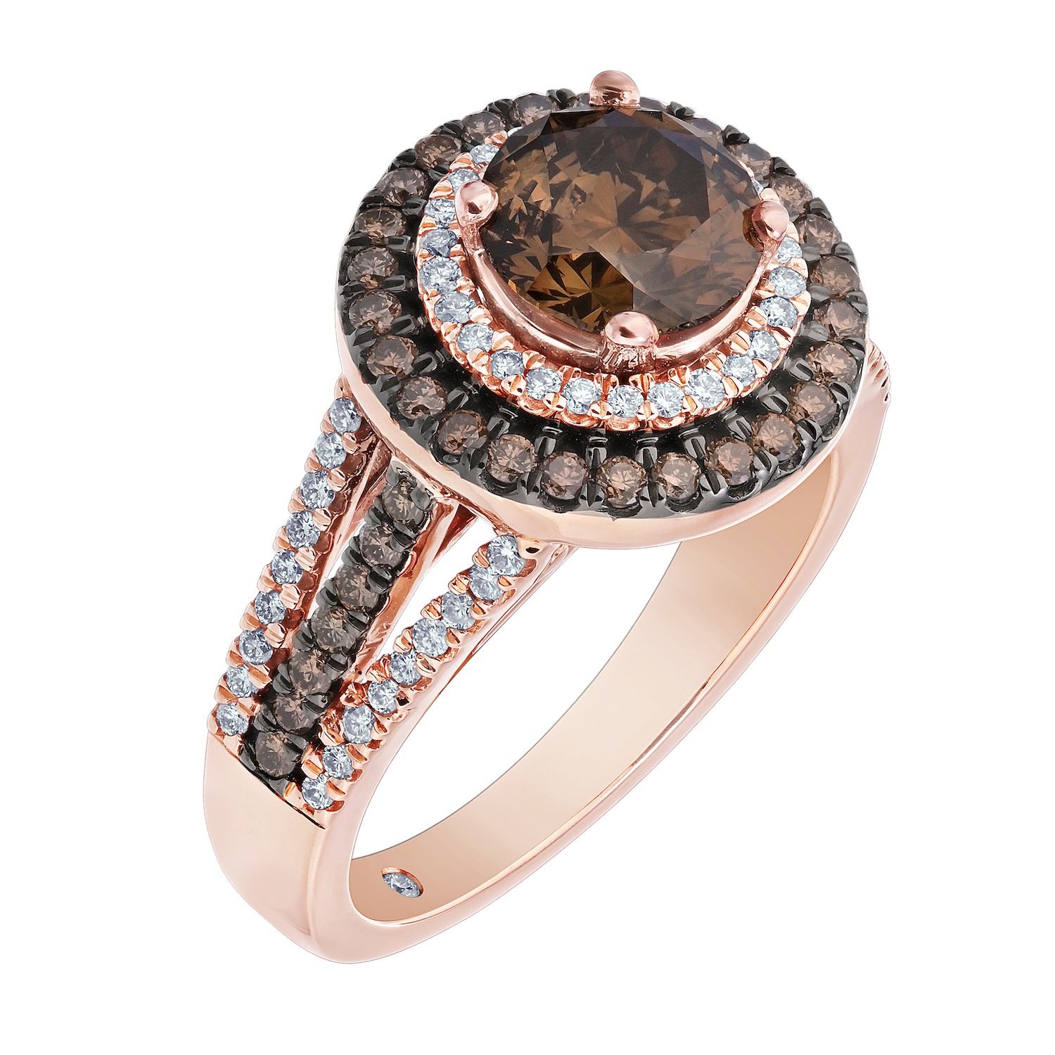 Cinnamon Dulce&trade; 14K Rose Gold Round Cognac Center Cognac & White Double Halo Split Shank Diamond & Cognac 2.20 Ctw