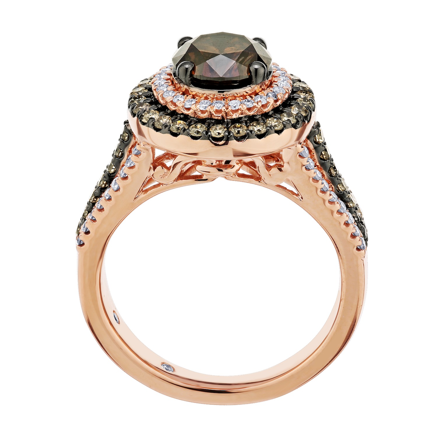 Cinnamon Dulce&trade; 14K Rose Gold Round Cognac Center Cognac & White Double Halo Split Shank Diamond & Cognac 2.20 Ctw