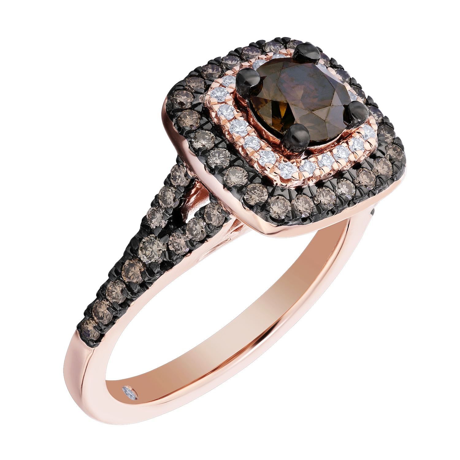 Cinnamon Dulce&trade; 14K Rose Gold Cushion Cognac Center White & Cognac Double Halo Split Shank Diamond & Cognac 1.38 Ctw