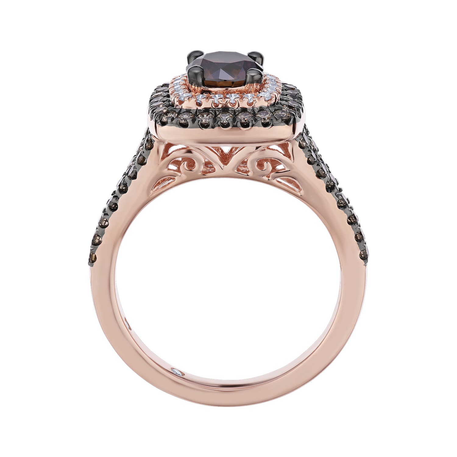 Cinnamon Dulce&trade; 14K Rose Gold Cushion Cognac Center White & Cognac Double Halo Split Shank Diamond & Cognac 1.38 Ctw