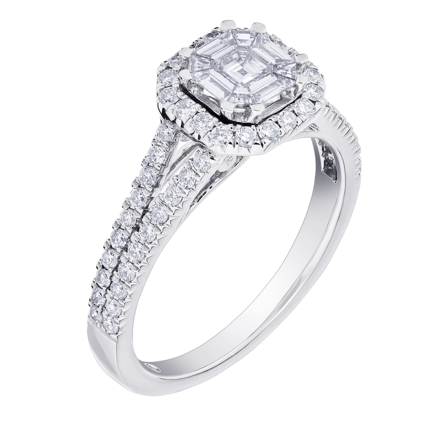 Compozit&trade; 14KW White Gold Asscher Shape Halo Split Shank Ring Diamond 1.00 Ctw Cutting Edge Technology
