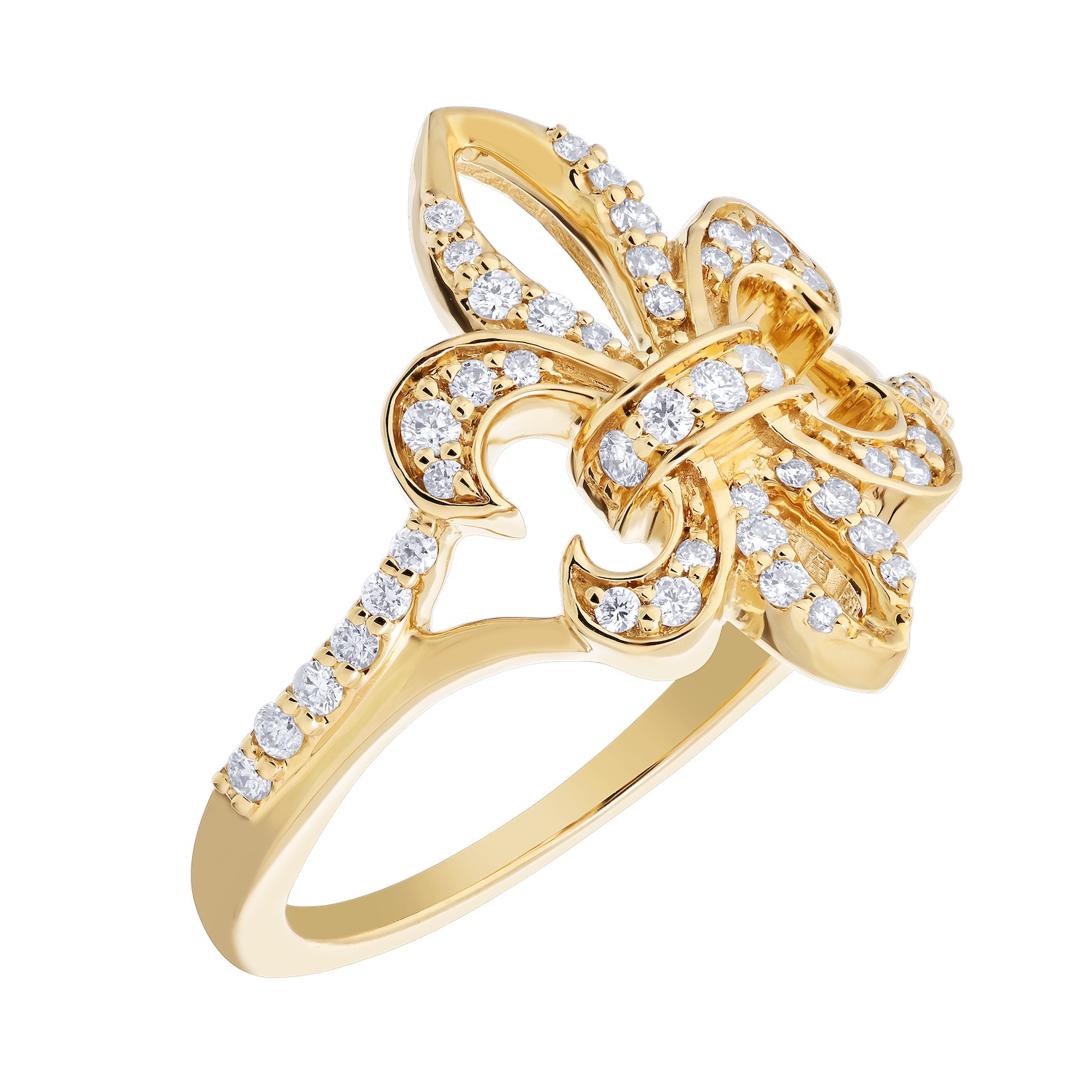 Lis Royale&trade; 14K Yellow Gold Diamond Set Cutout Fleur de Lis Split Shank Ring 0.33 Ctw Diamond