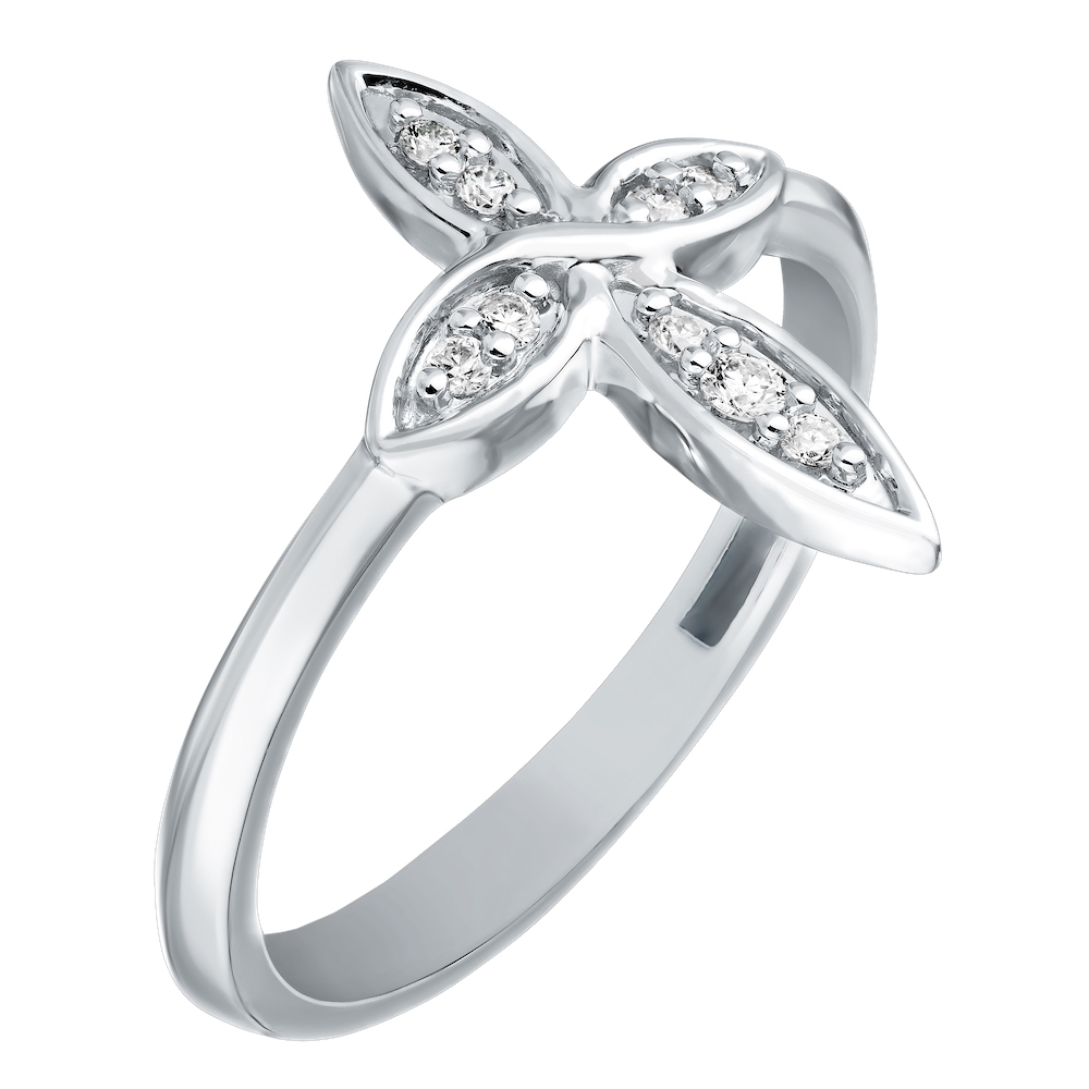 14K White Gold Ring Petal Shape Cross Diamond 0.10 Ctw