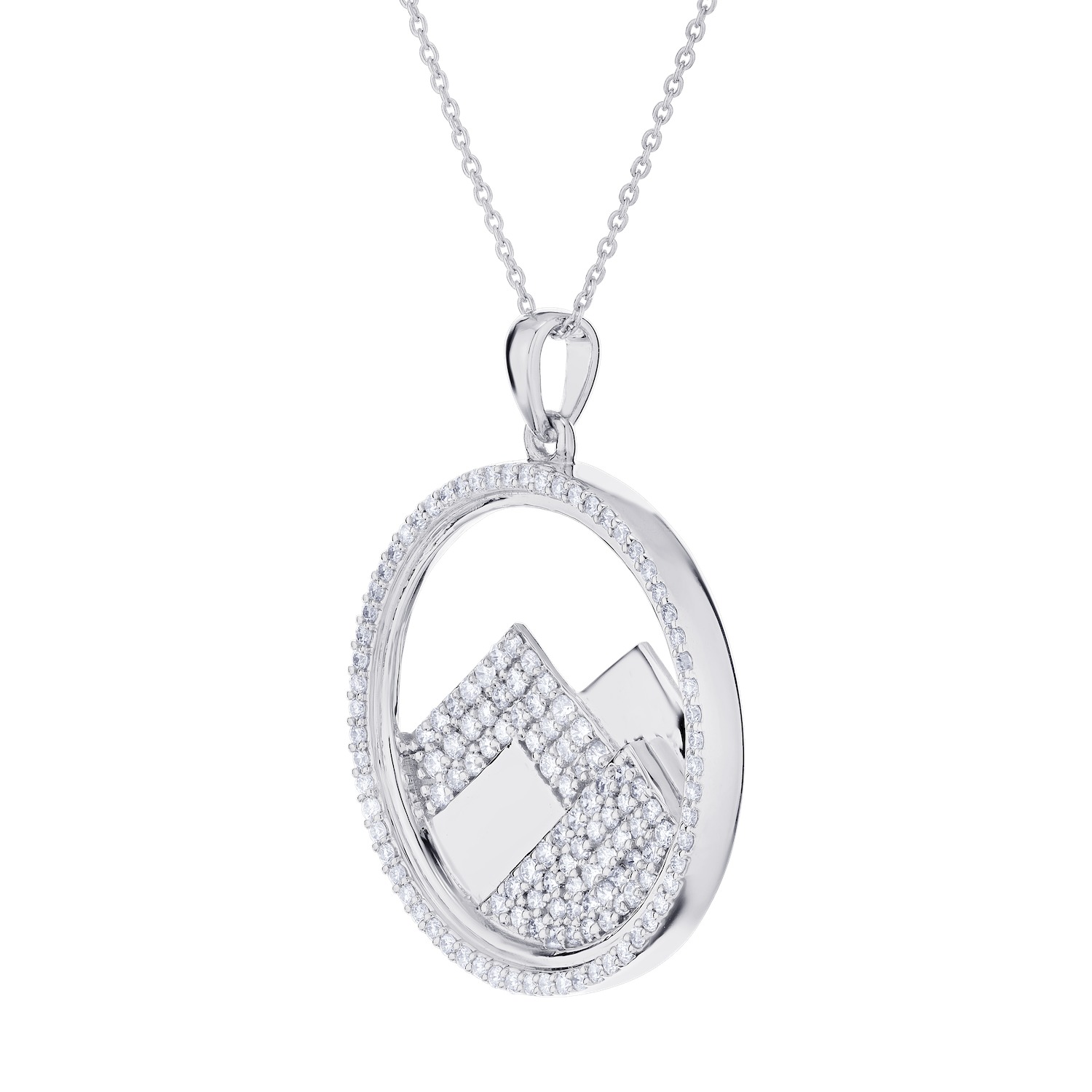 Diamond Peak&trade; 14KW White Gold Pendant Circle Cutout with Pave & Polished Mountains Diamond 0.51 Ctw