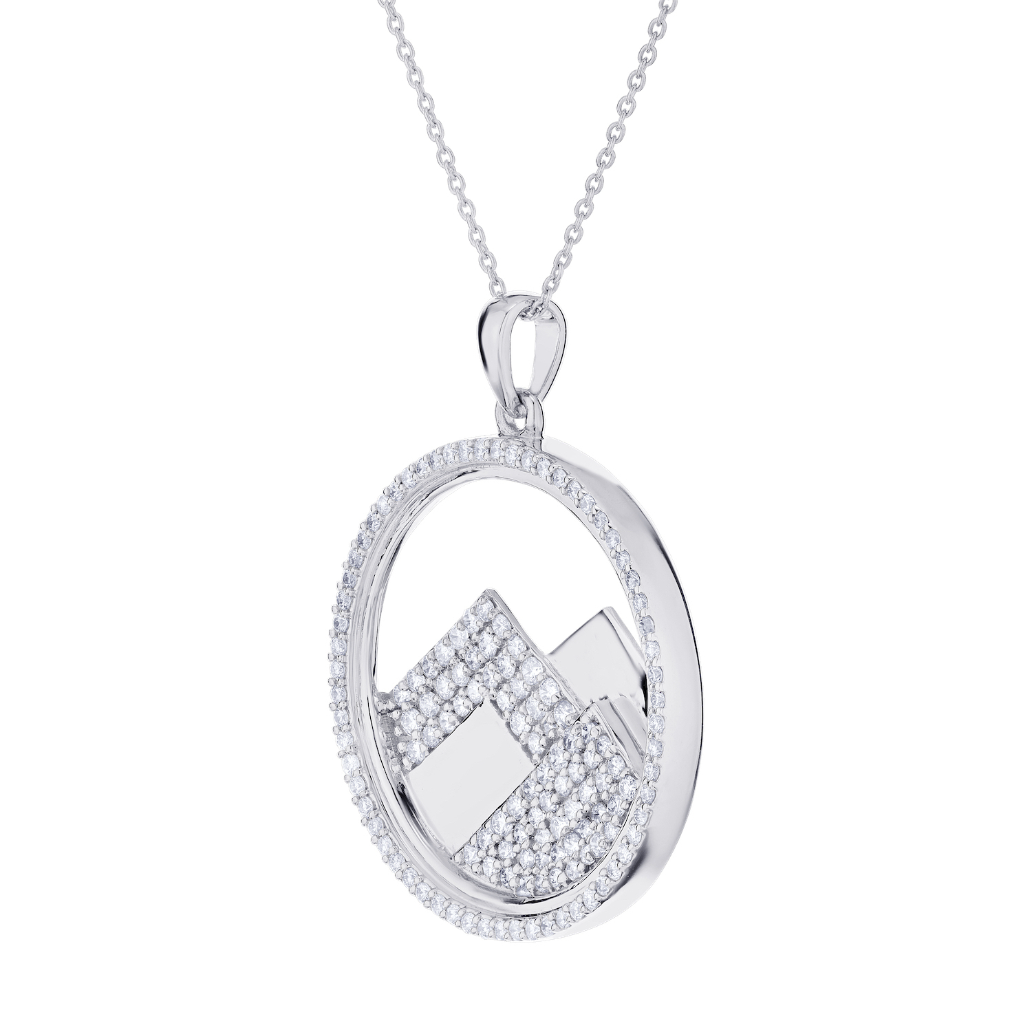 Diamond Peak&trade; 14KW White Gold Pendant Circle Cutout with Pave & Polished Mountains Diamond 0.51 Ctw