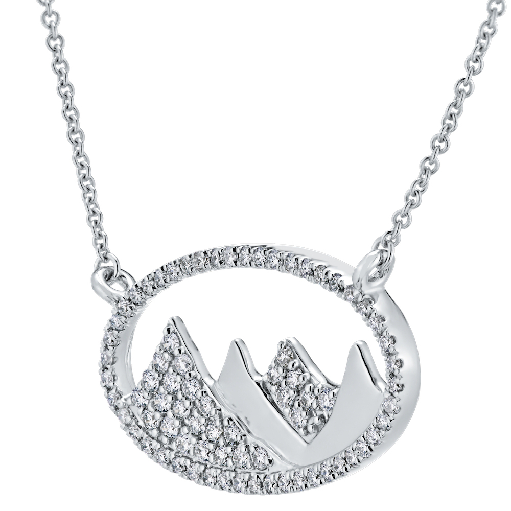 Diamond Peak&trade; 14KW White Gold Necklace Pave & Polished Mountain Range in Diamond Set Oval Diamond 0.50 Ctw