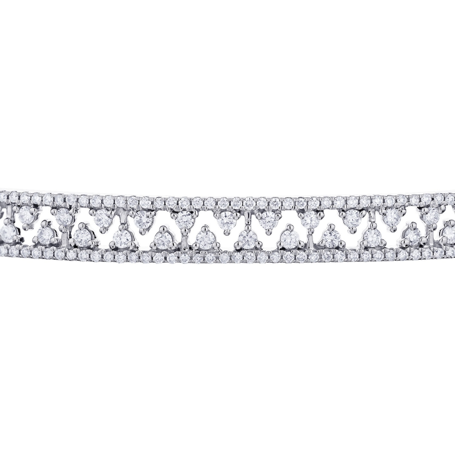 14K White Gold Zig-Zag Filigree Pave Set Hinged Diamond Bangle 2.25 Ctw