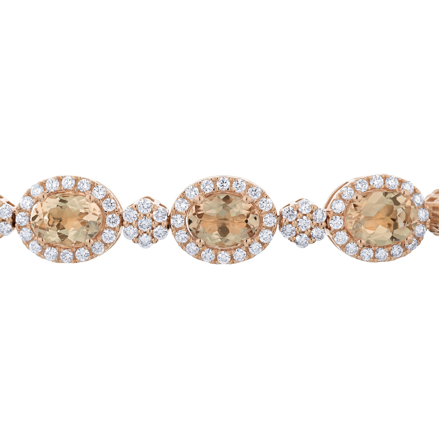 Peach Blossom&trade; 14k Rose Gold Oval Morganites with Halo's Small Flower Cluster Between Bracelet Diamond 14.90 Ctw