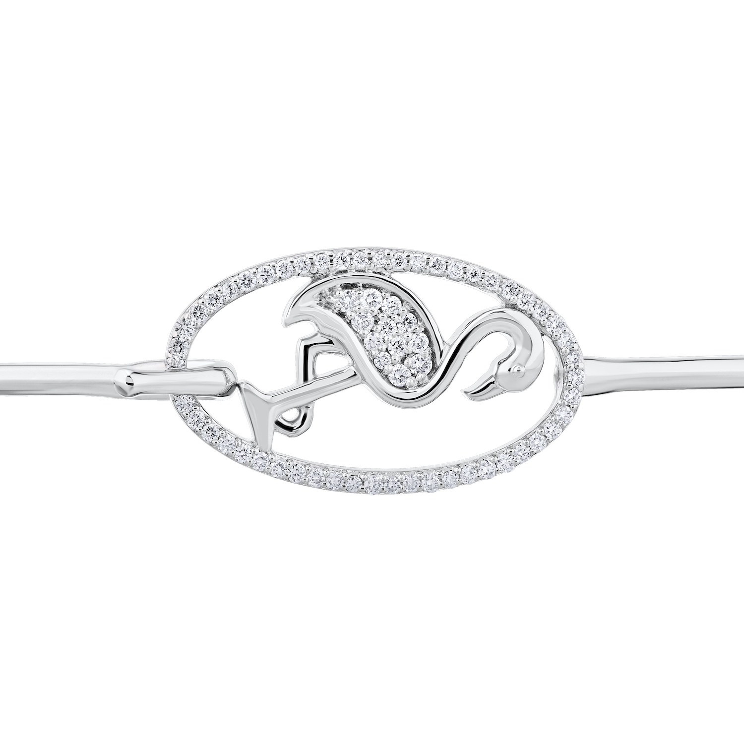 OCEANITY &trade; 14k White Gold Bangle Sideways Flamingo in Oval Frame Hook & Eye Closure Diamond 0.23 Ctw