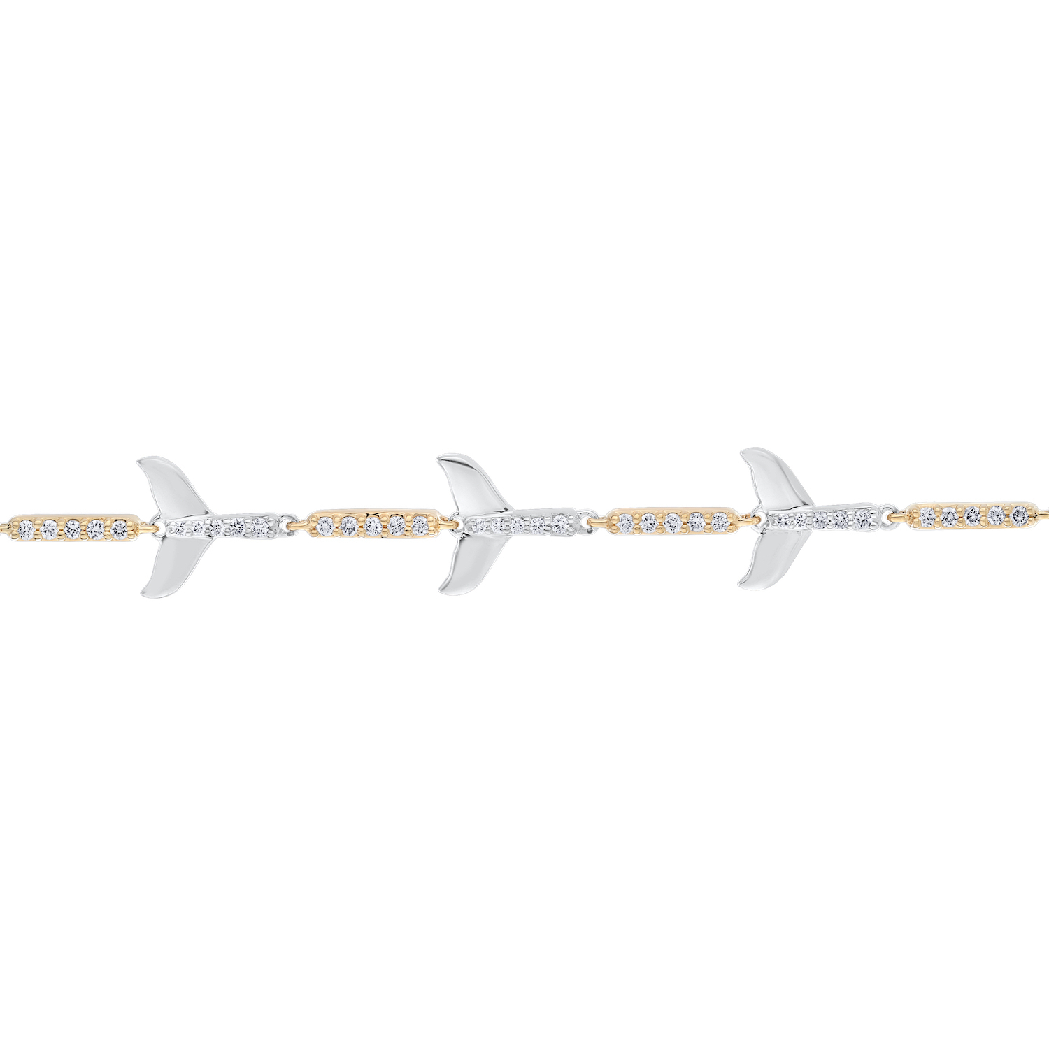 OCEANITY &trade; 14k Two Tone Bracelet Line of Whale Tails Pave Set Bars Between Diamond 1.05 Ctw