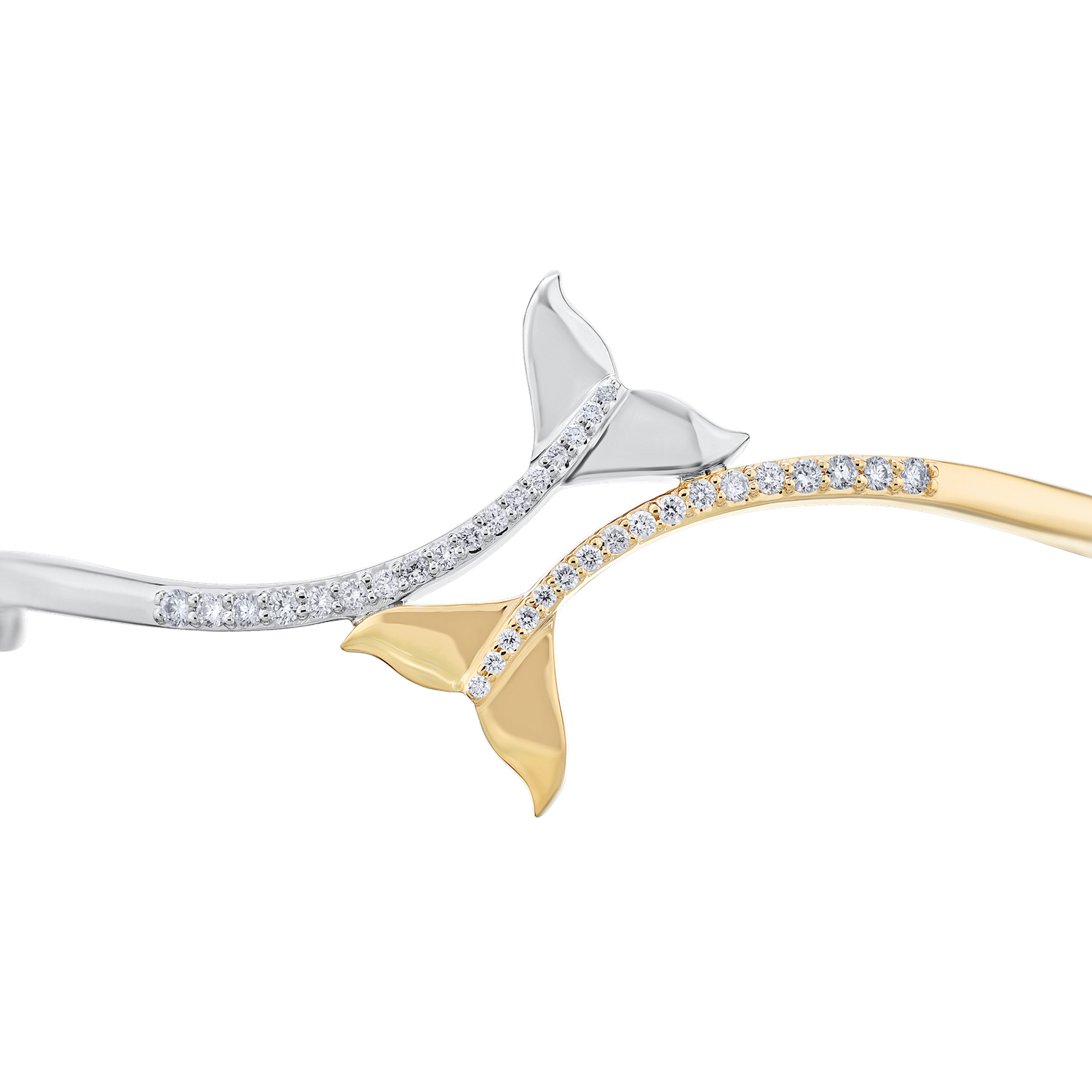OCEANITY &trade; 14k Two Tone Bangle Bypass with Whale Tails Hinged with Security Lock Diamond 0.51 Ctw