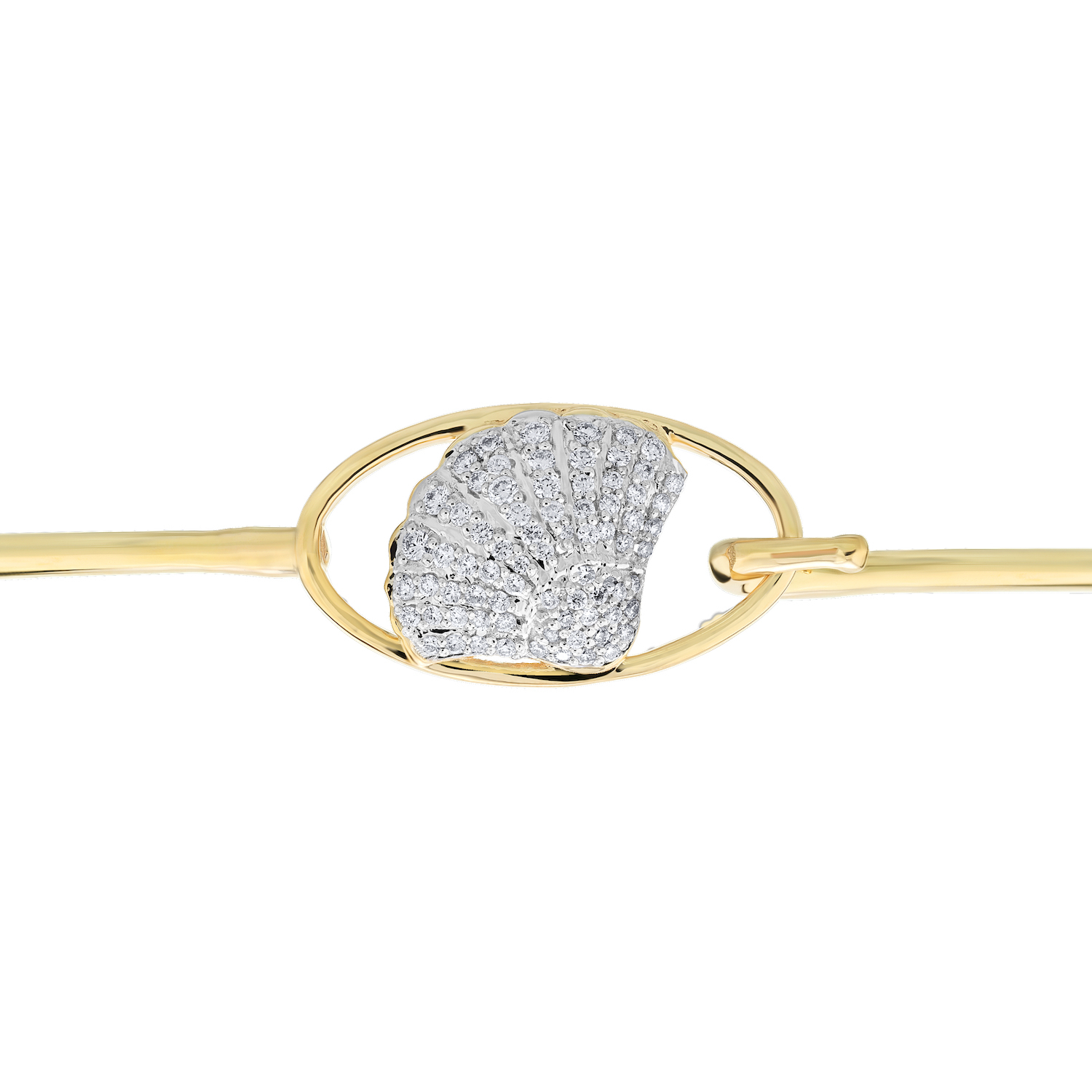 OCEANITY &trade; 14k Yellow Gold Bangle Pave Shell in Oval Frame Hook & Eye Closure Diamond 0.26 Ctw
