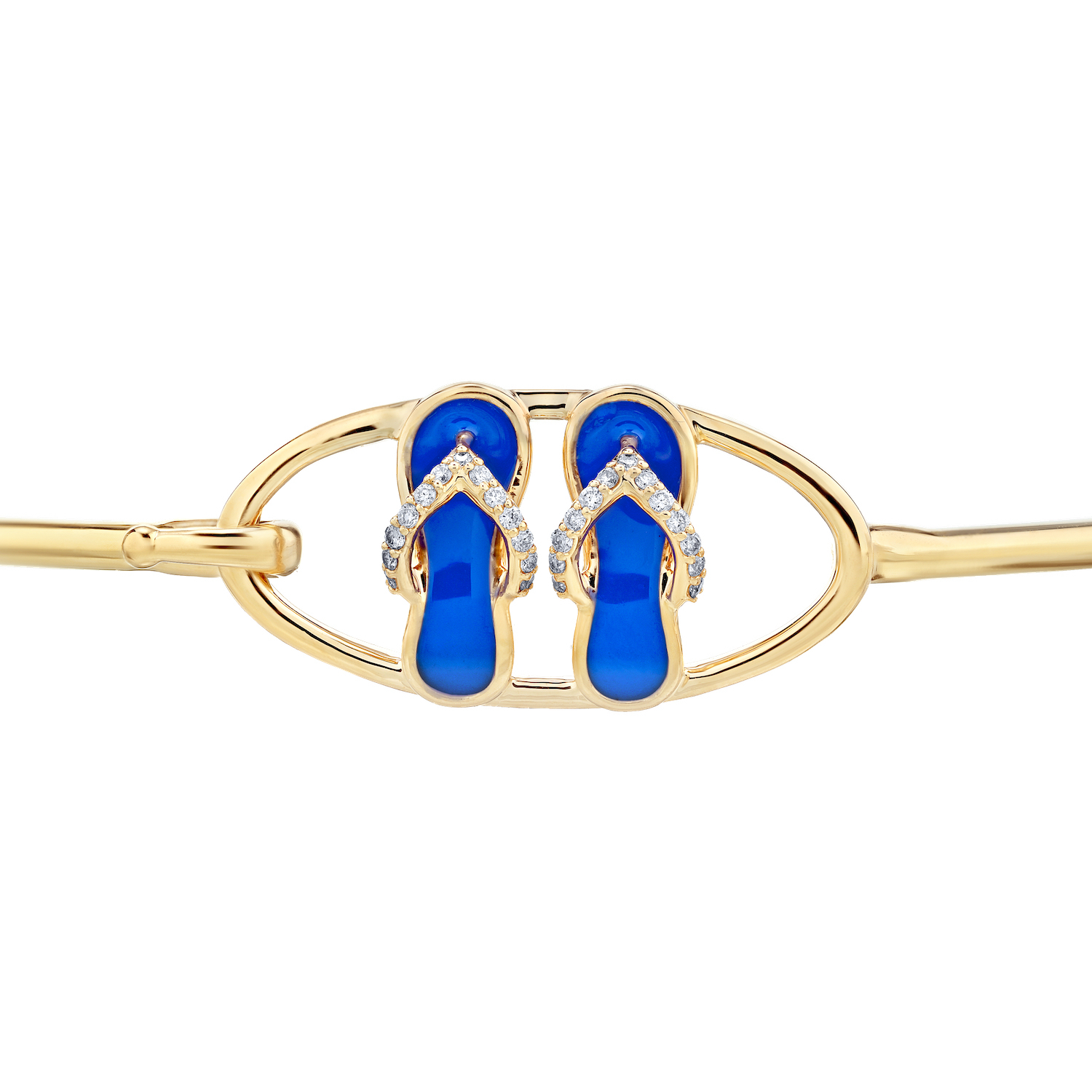 OCEANITY &trade; 14k Yellow Gold Bangle Enamel Flip Flops in Oval Frame Hook & Eye Closure Diamond 0.08 Ctw