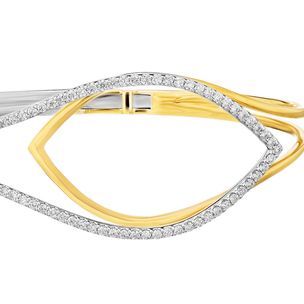14K Two Tone Wide Interlocking Negative Space Tear-Drop Shape One Side Pave Set Bangle Diamond 1.00 Ctw