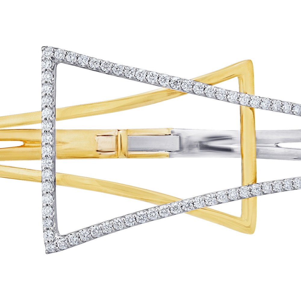 14K Two Tone Wide Interlocking Negative Space Geometric Shape One Side Pave Set Bangle Diamond 1.00 Ctw