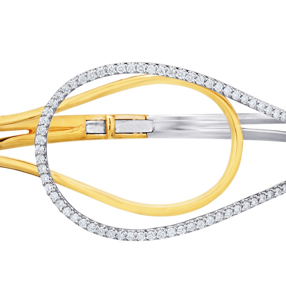 14K Two Tone Wide Interlocking Negative Space Round Shape One Side Pave Set Bangle Diamond 1.00 Ctw