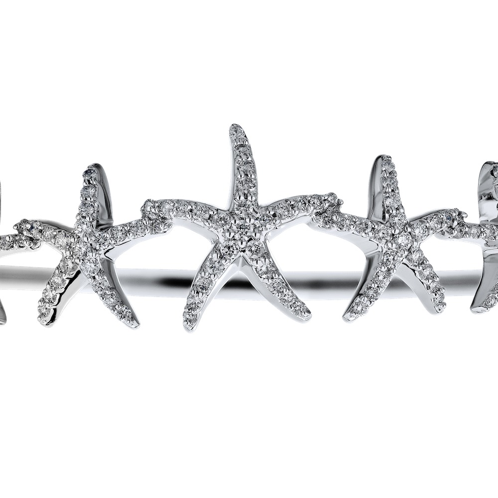 OCEANITY &trade; 14k White Gold Bangle Graduating Pave 5 Starfish Hinged Diamond 0.75 Ctw