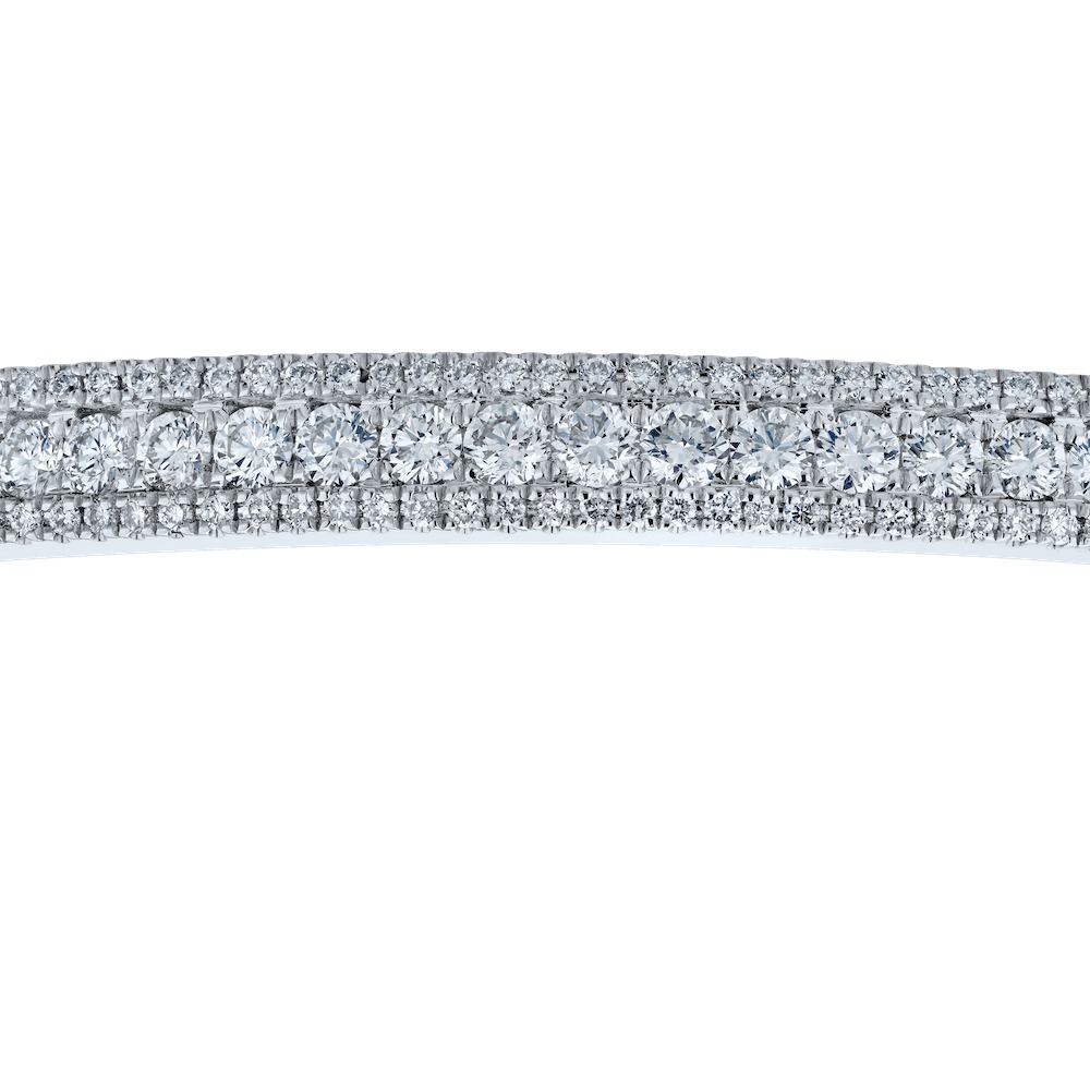 14K White Gold 3 Rows Bead Set Center with Larger DiamondsHinged Bangle Diamond 1.33 Ctw