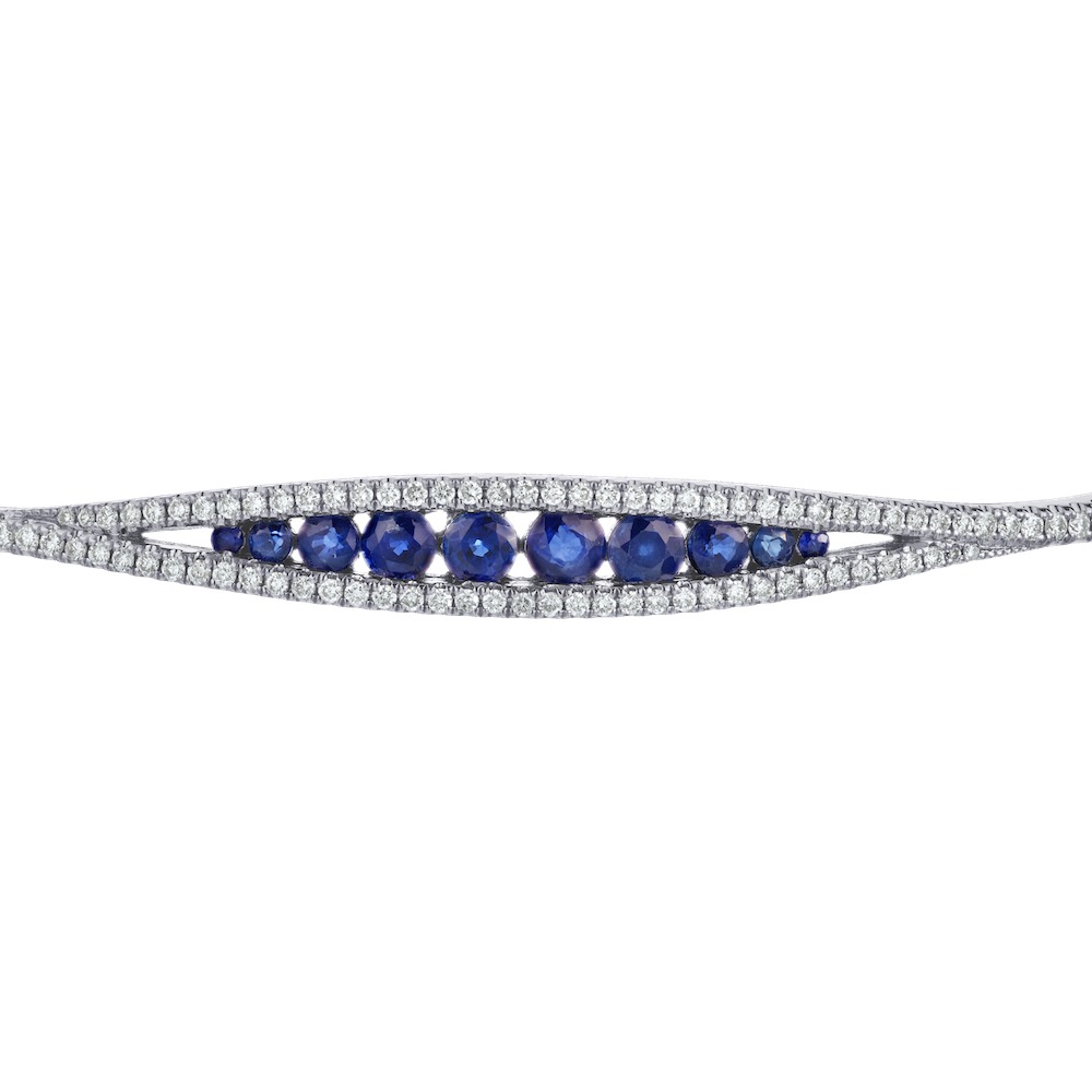 Majestic Gems&trade; 14k White Gold Graduated Color Channel Set Center with Diamond Rails Hinged Blue Sapphire & Diamond 1.426 Ctw