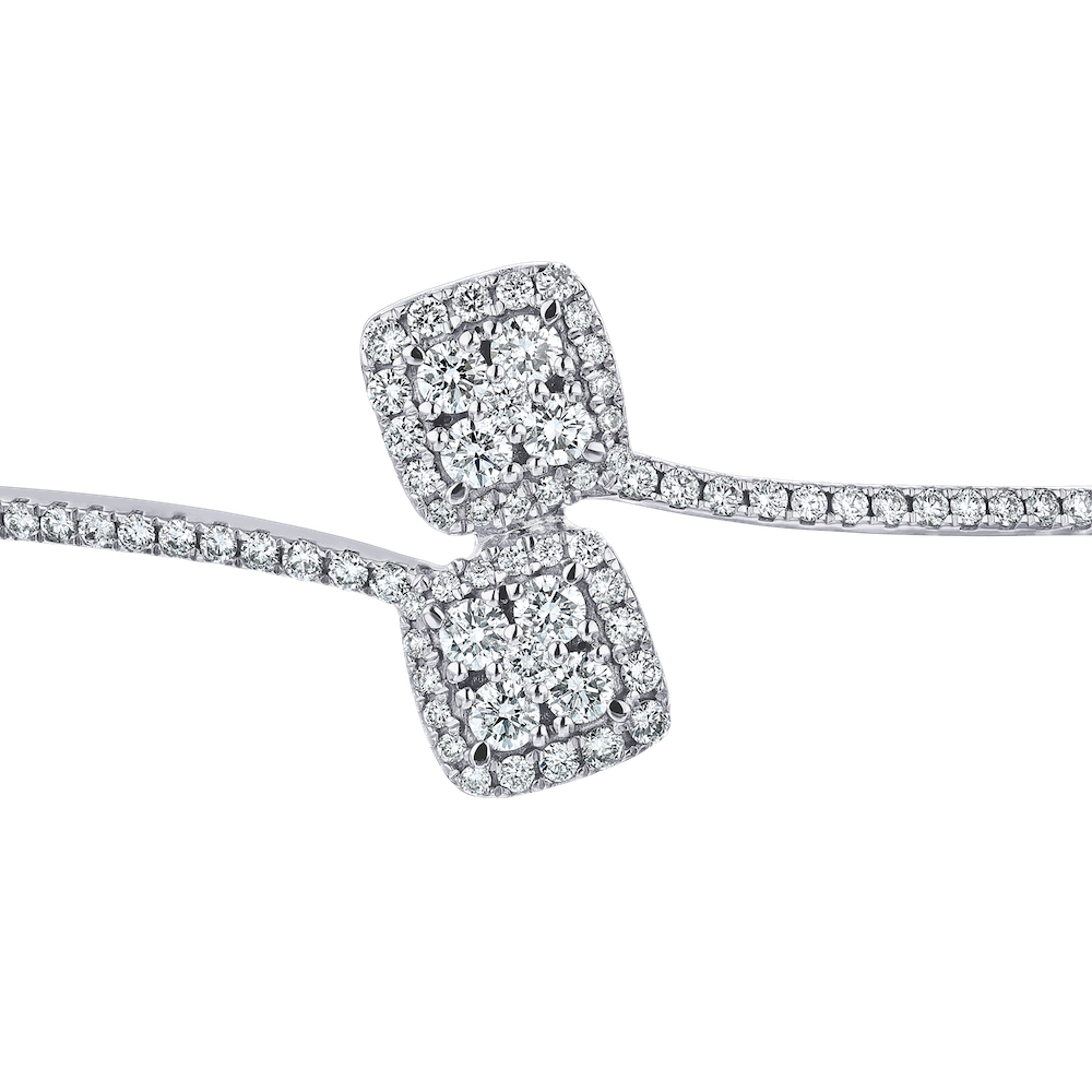 14K White Gold Open Ended Bypass with Cushion Shape Clusters Bangle Diamond 1.00 Ctw