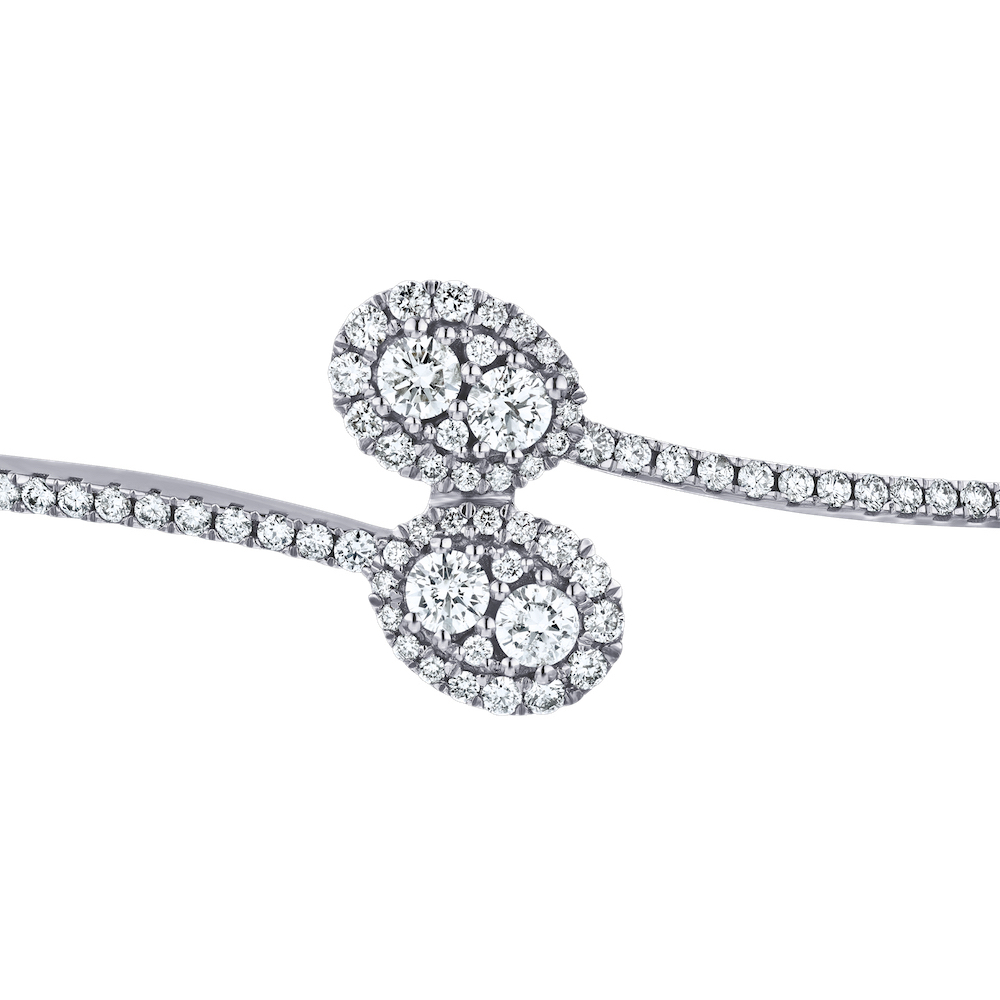14K White Gold Open Ended Bypass with Oval Clusters Bangle Diamond 1.00 Ctw