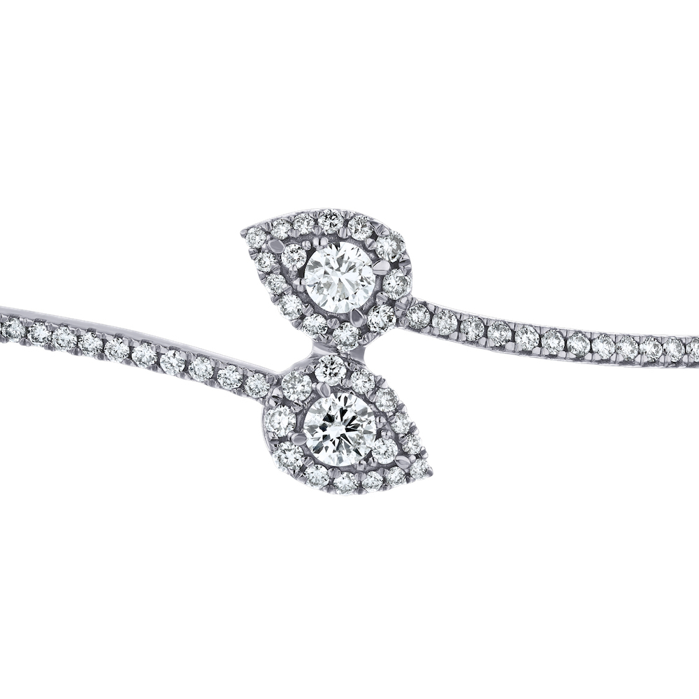 14K White Gold Open Ended Bypass with Pear-Shape Clusters Bangle Diamond 1.00 Ctw