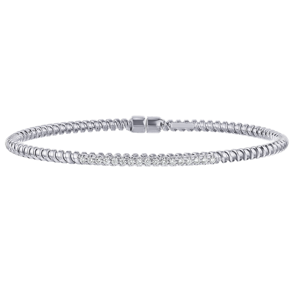 14K White Gold Flexible with Diamond Section in Front Bangle Diamond 0.25 Ctw