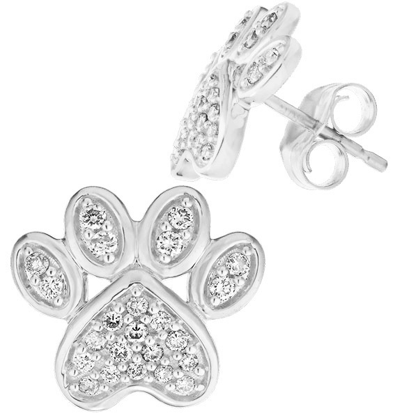 ZooLightful&trade; 10KW White Gold Pave Set Paw Print Studs Earrings Diamond 0.25 Ctw