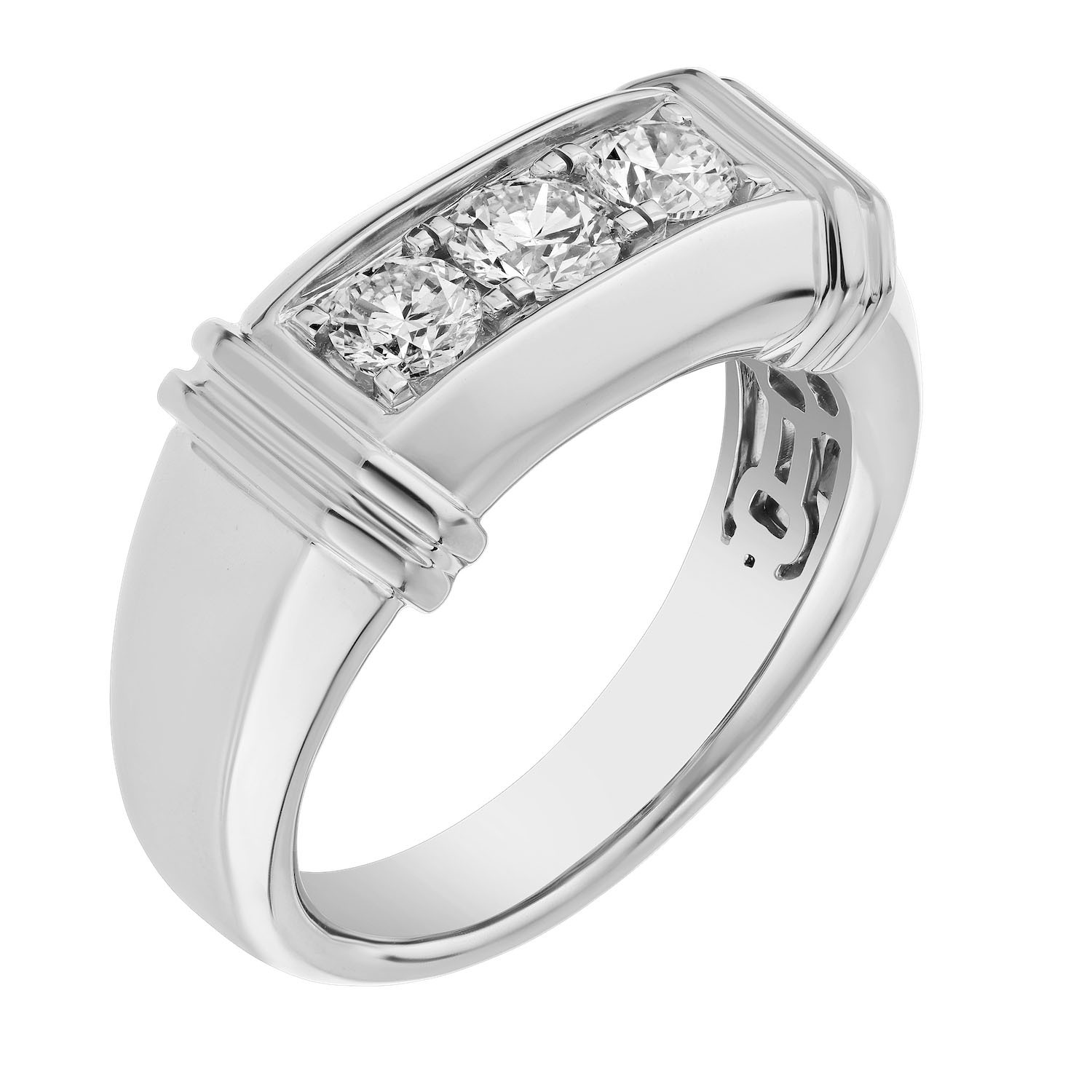 Shefian&trade; 14K White Gold Ring Men's 3 Bead Set Diamonds Shoulder Tabs Diamond 0.75 Ctw