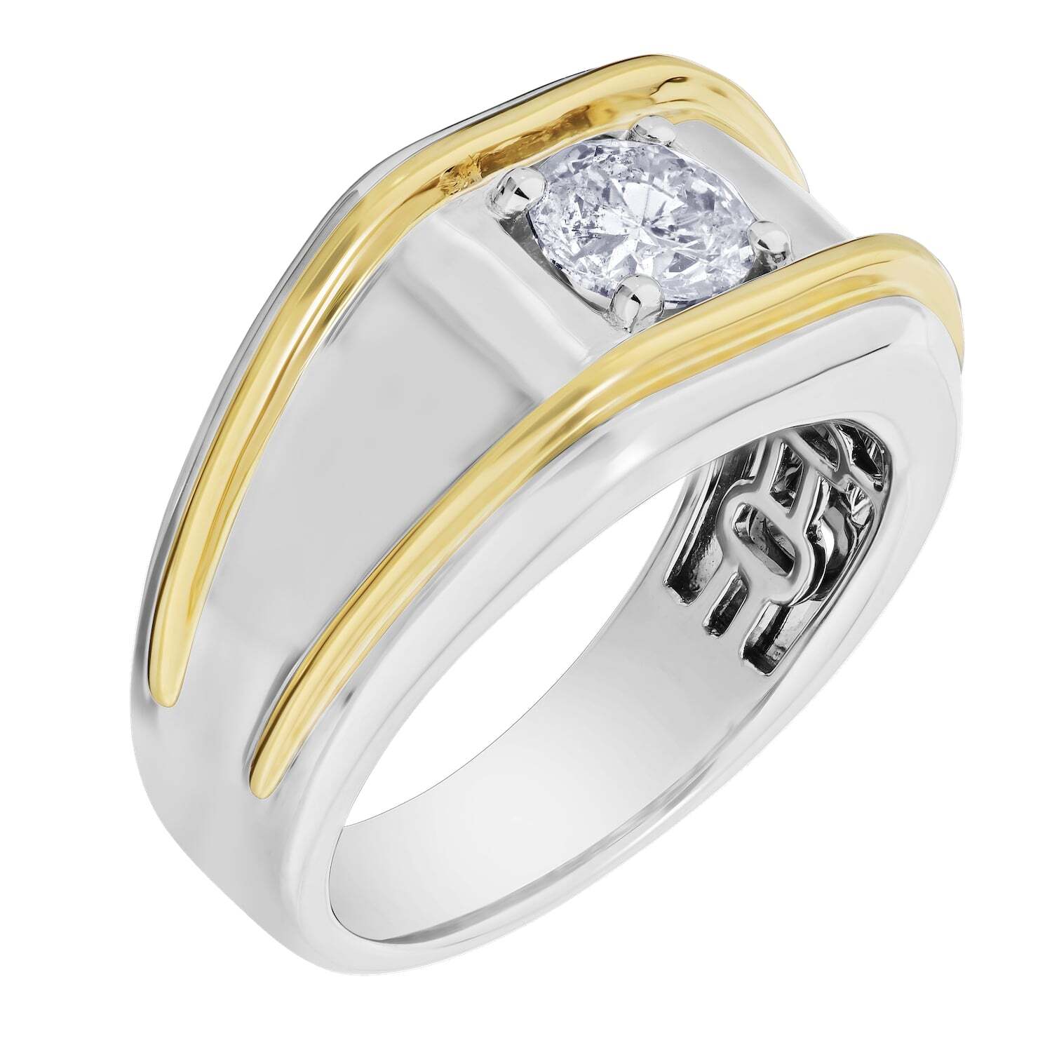 Shefian&trade; 14K Two Tone Ring Men's Solitaire Prong Set with Contrasting Rails Diamond 0.75 Ctw