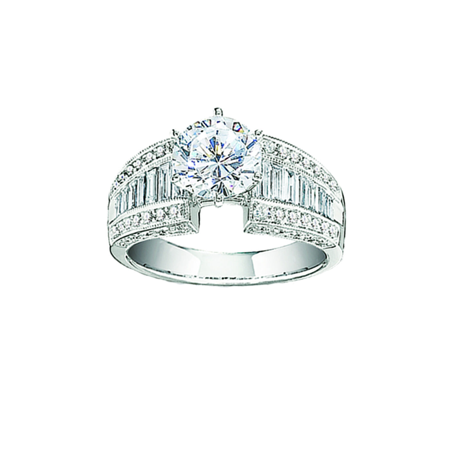 Semi-Mount 14K White Gold Channel Set Baguettes with Round Rails Diamond 1.33 Ctw