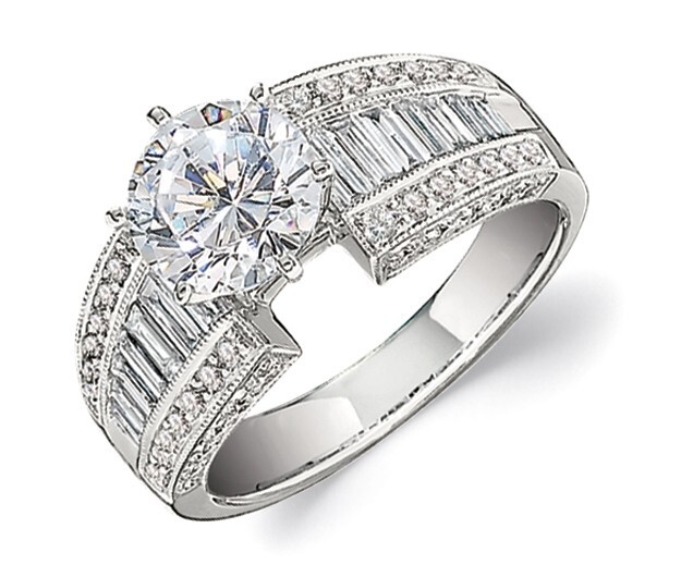 Semi-Mount 14K White Gold Channel Set Baguettes with Round Rails Diamond 1.33 Ctw