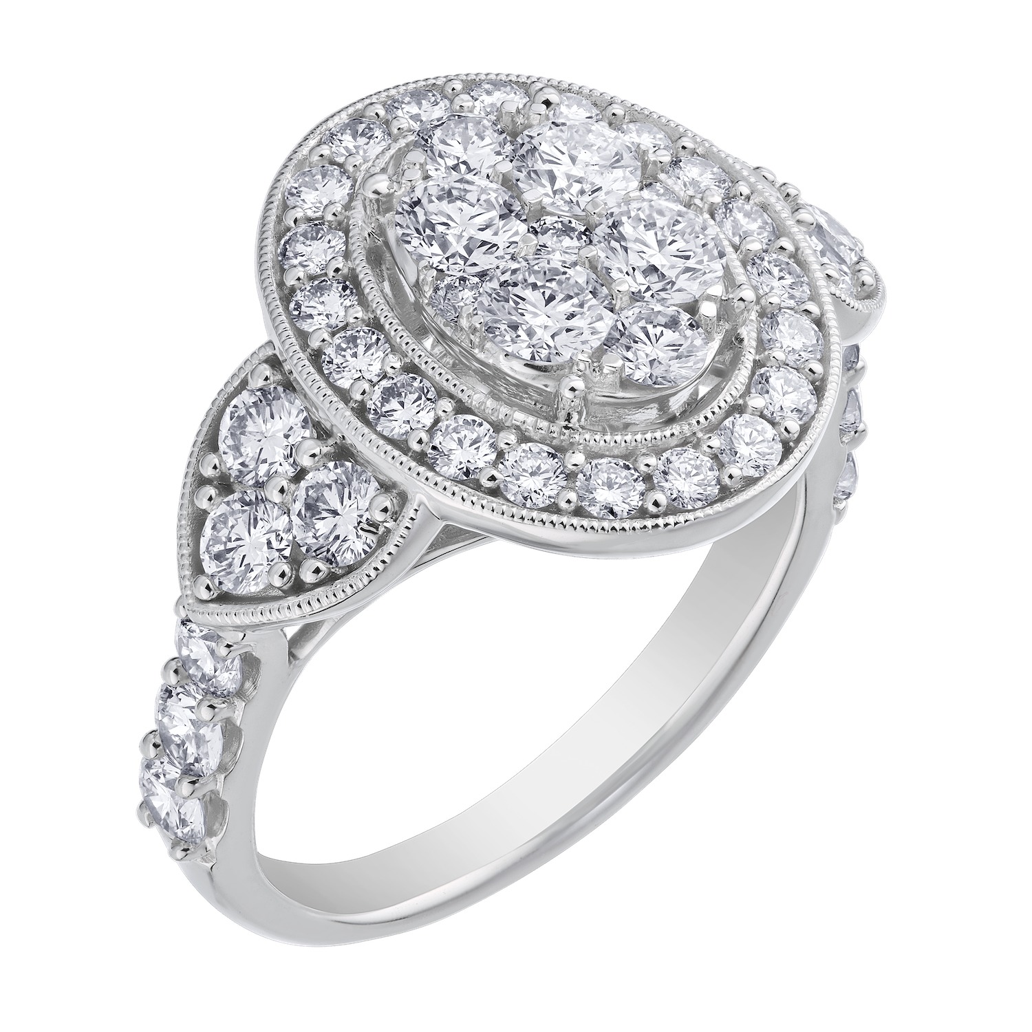14K White Gold Ring Oval Shape Cluster with Halo Diamond 0.50 Ctw