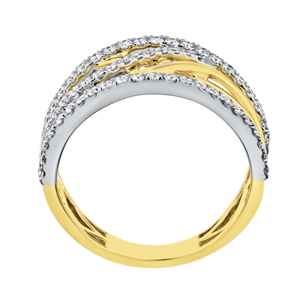 14K Two Tone Ring Multi Row Pave & Polished Weave Diamond 0.50 Ctw